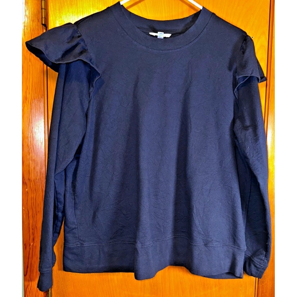 Time and Tru Women's XXL Navy Blue Ruffle Shoulder‎ Crew Neck Sweatshirt
